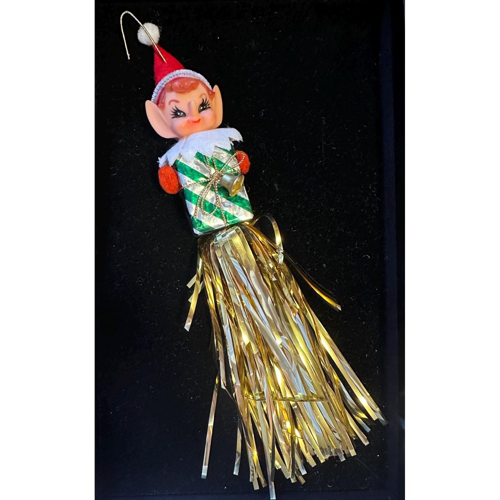 Vintage Hanging Elf w/ Foil Tinsel Christmas Ornament 10" Japan